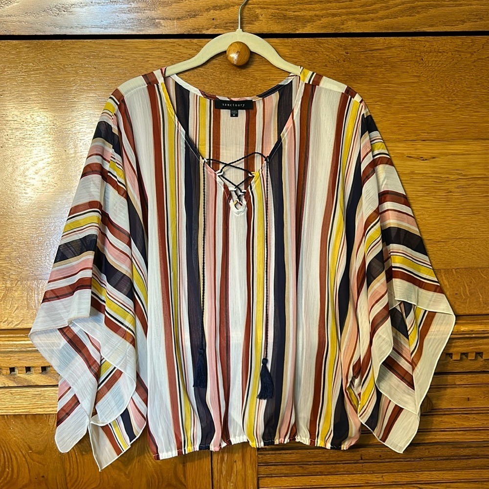 Sanctuary Boho Chic Eclectic Striped Lace Up Tassel Blouse Multi Color Medium